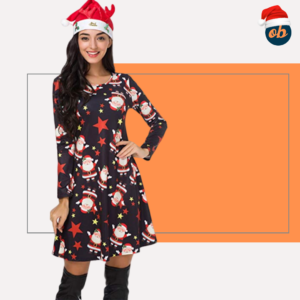 Christmas Long Sleeve Pullover Swing Santa Midi Dress