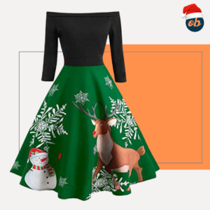Christmas Vintage Print Off Shoulder Evening Party Dress