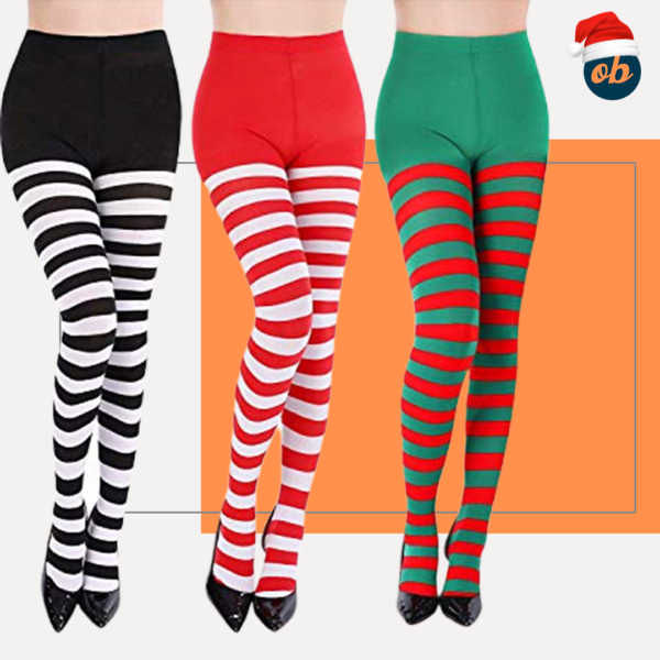 3 Pairs Full Footed Striped Socks Christmas Thigh High Stockings